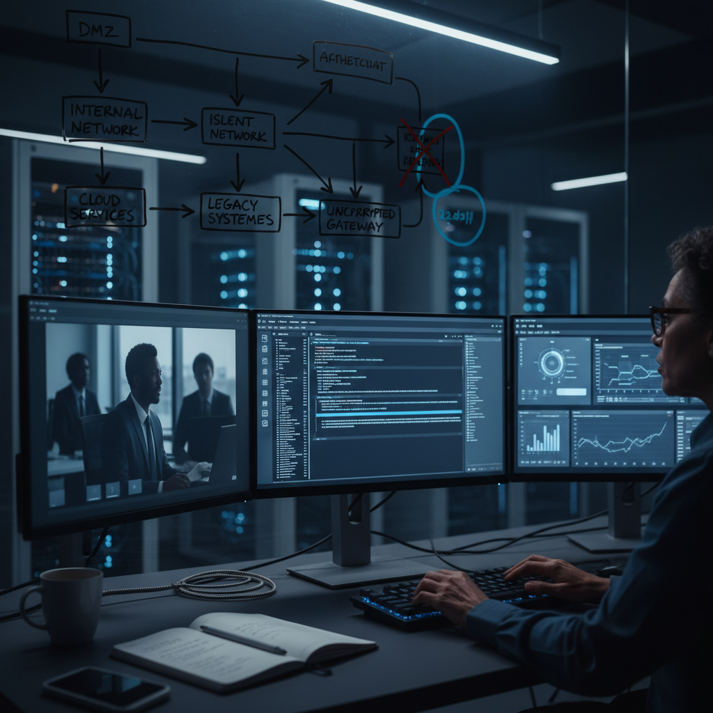 Server screen displaying encrypted data streams as luminous binary code