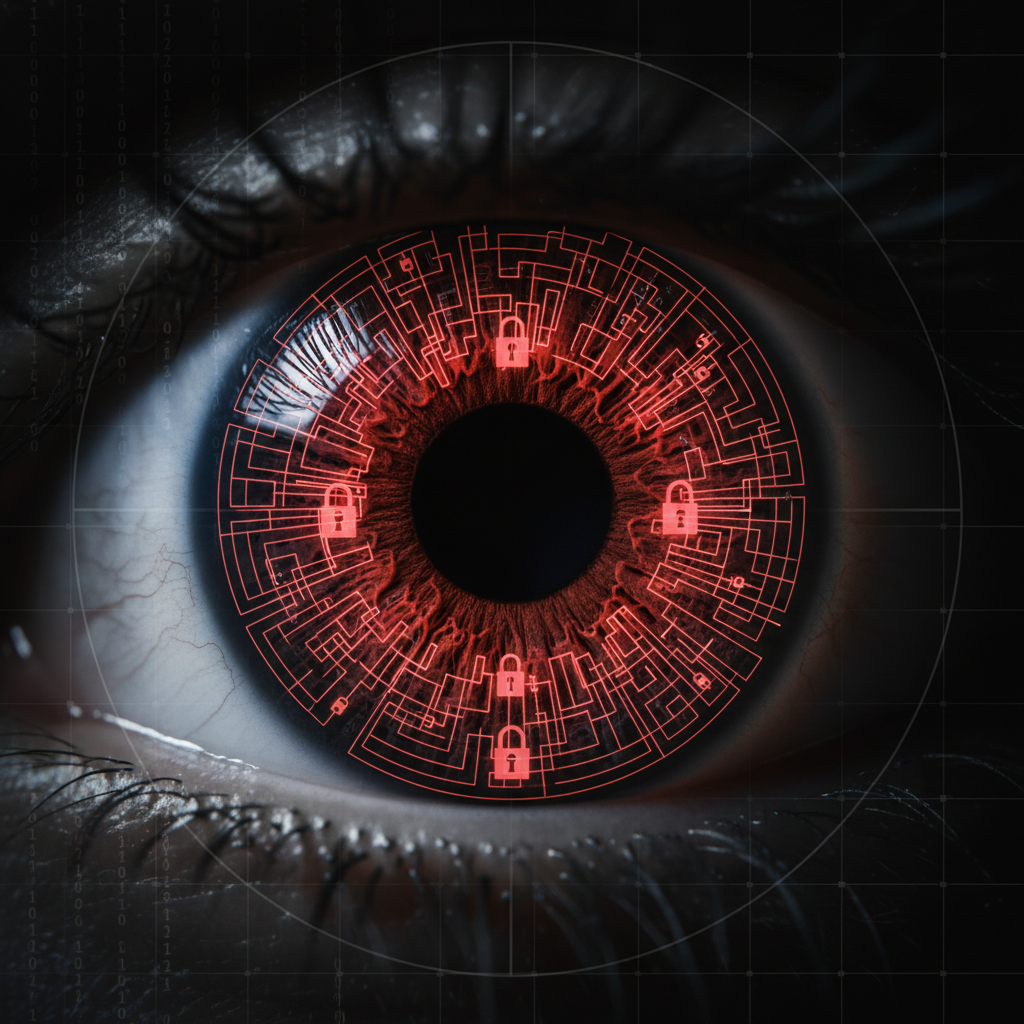 Computer screen displaying complex security codes and digital protection symbols