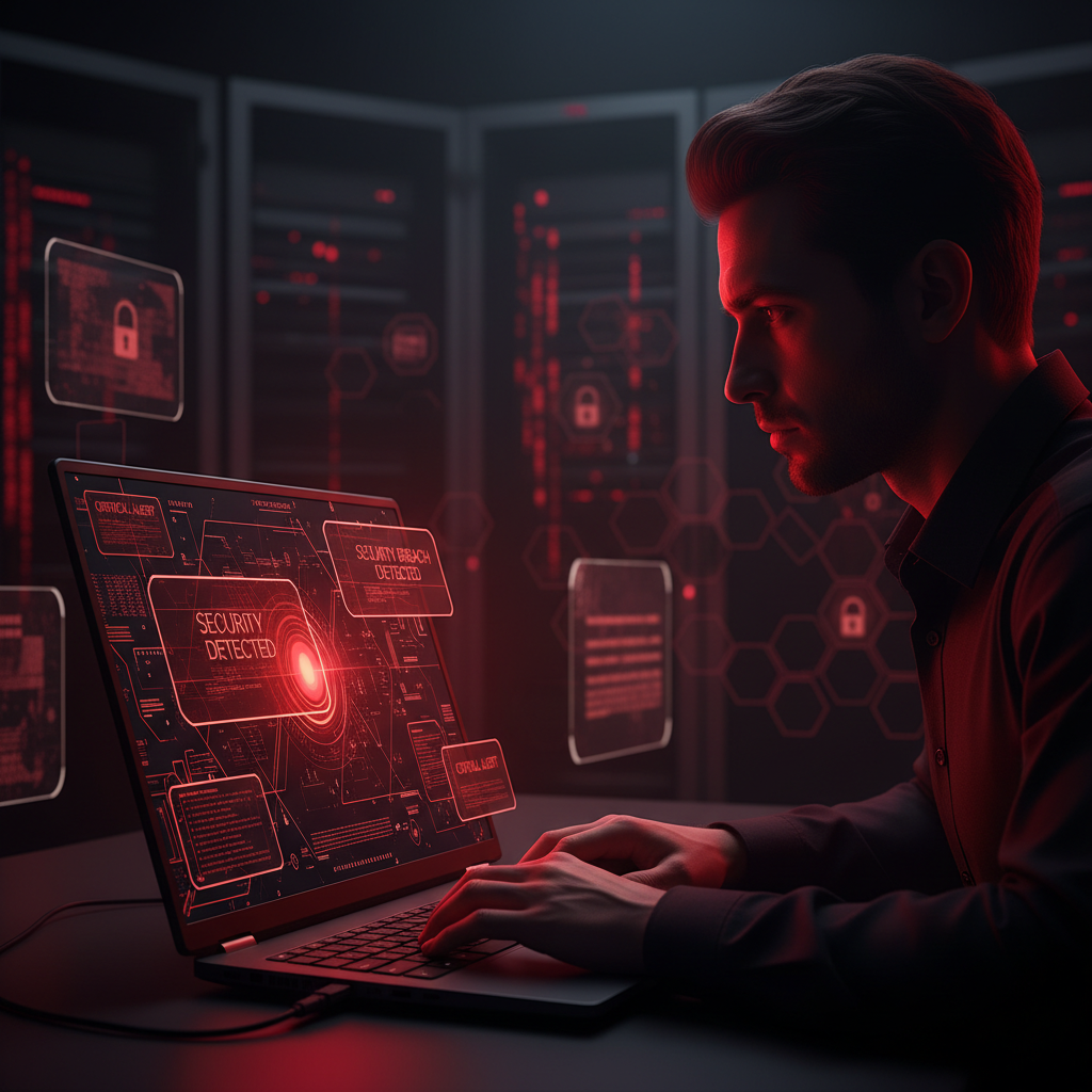 Overview of a secure data center with organized servers and monitoring lights