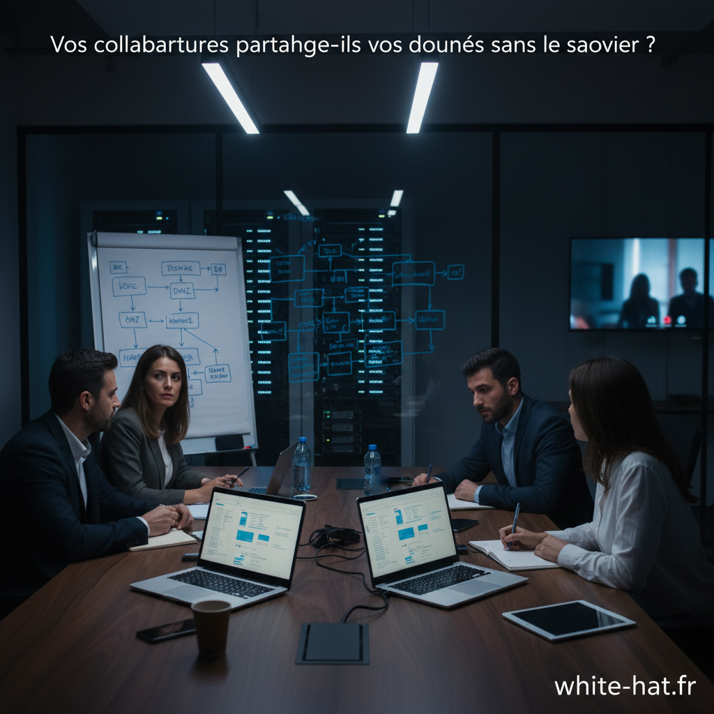 Modern office with screens displaying organized and secure data streams in a collaborative work environment